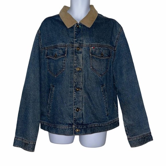 Tommy Hilfiger Outdoors Y2K Vintage 2002 Patchwork Denim Trucker Jacket Mens XL - Picture 1 of 10